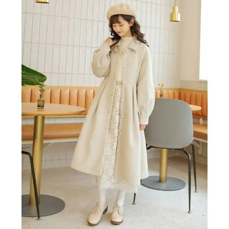 French Vintage Woolen Coats Women Autumn Winter New Elegant Pleated Long Coat Female Sweet Lantern Sleeve Jackets