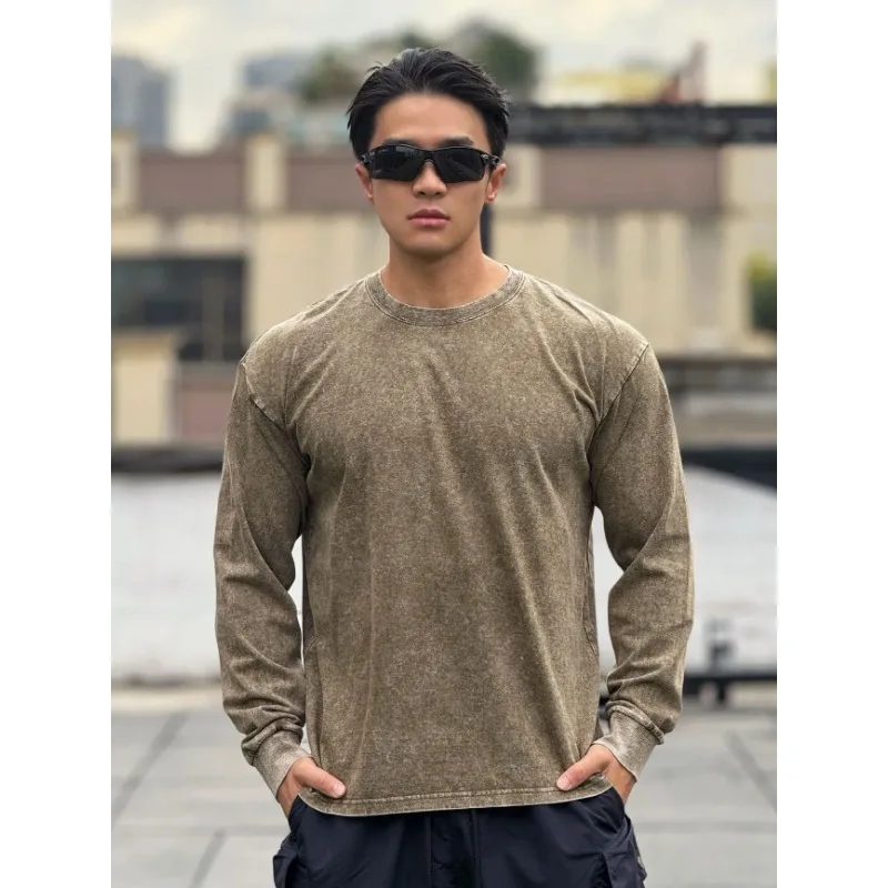 

Мужская футболка с длинным рукавом и круглым вырезом, с эффектом кислотной стирки, оверсайз, повседневная