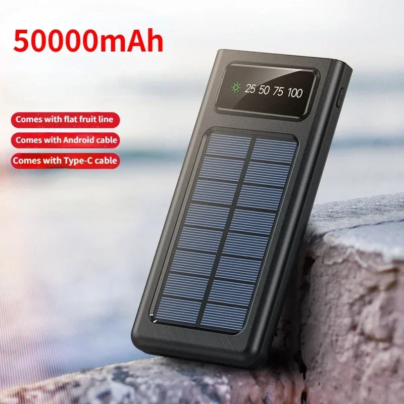 New 50000 MAh with Four Wires Solar Power Bank Large Capacity Digital Display Camping LED Back Clip Battery for IPhone Xiaomi