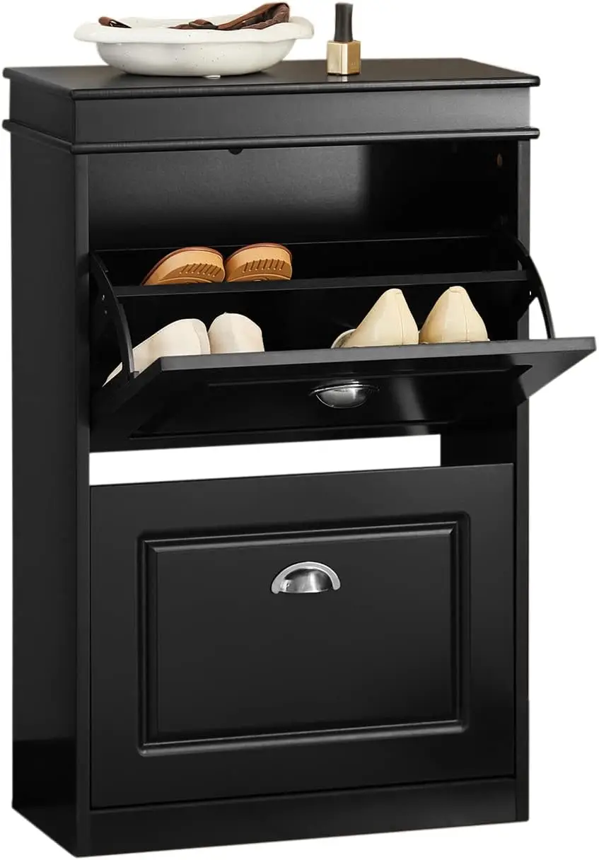 

Black 2 Flip-Drawers Slim Shoe Cabinet, Shoe Rack with Doors, Shoe Storage Cupboard Organizer Unit for Entryway, Hallway