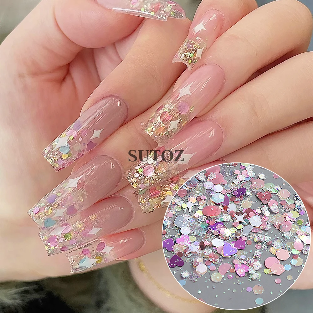 Sterren Nail Art Glitter Pailletten Roze Harten Zeshoek Ronde Holografische Kleurrijke Glanzende Vlokken Diy Manicure Decoratie LEBXMS-01