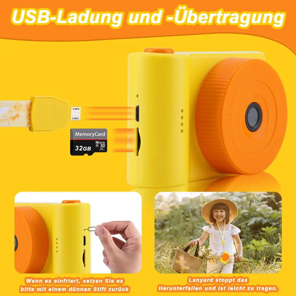 48MP 1080P Kids Camera, WiFi Digital Camera Kids with 3 Inch Touchable Screen e 32GB TF Card, Dual Camera, Orange Lion