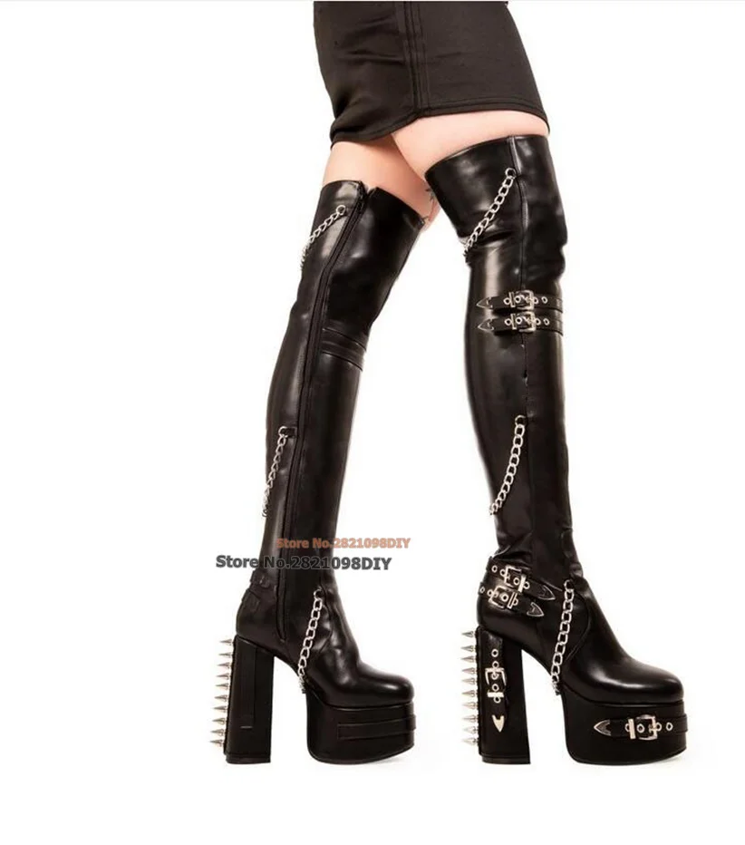 

Сапоги выше колена на массивном каблуке с пряжками и цепочками, черные эластичные кожаные сапоги-гладиаторы, женские высокие сапоги до бедра на платформе