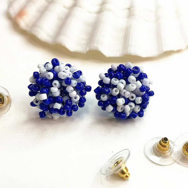 

10PAIR - Royal Blue and White Mix 15mm Small Seed Bead STUD EARRINGS MIXED STYLE Pom Style Seed Bead Studs 100% Stainless Steel