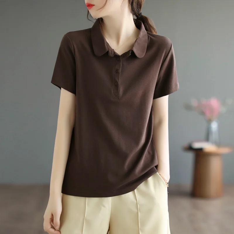 Áo Polo Nữ Đồng Bằng Độc Đáo Phần Bông Vintage Chân Polyester Áo Sơ Mi Miễn Phí Vận Chuyển Nút Trước Size + Tốt xxl