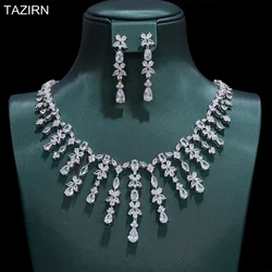 TAZIRN Sparkling 5A Cubic Zirconia Wedding Jewelry Set for Women 2PCS CZ Necklace and Earrings Party Prom Sets Dress Accessories