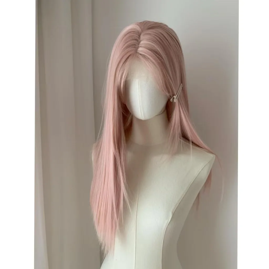 WeirdGoth Women Pink Gold Layered Long Straight Wig, Small Lace Protein Synthetic Fiber Full Head Girl Group Hair Wig Wholesale