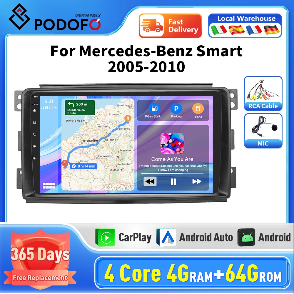 Podofo Wireless CarPlay Autoradio for Smart Fortwo 451 2005-2015 2Din Car Radio Android Auto Car Intelligent System