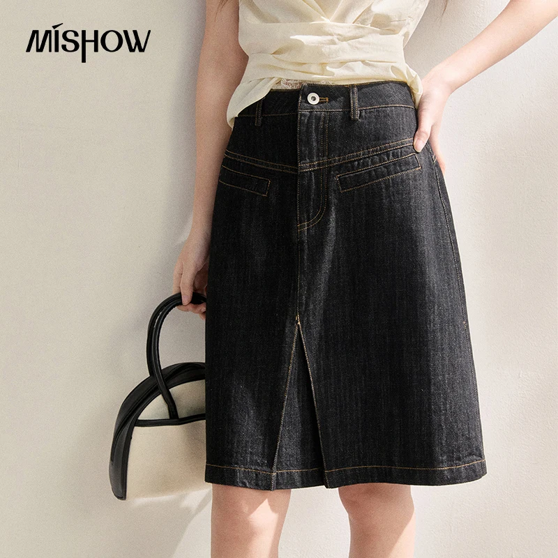 

MISHOW Cowboy Midi Skirt for Women Summer 2026 High Waist A-line Slimming Visible Line Pocket Pleating Design Sense MXF22B2524