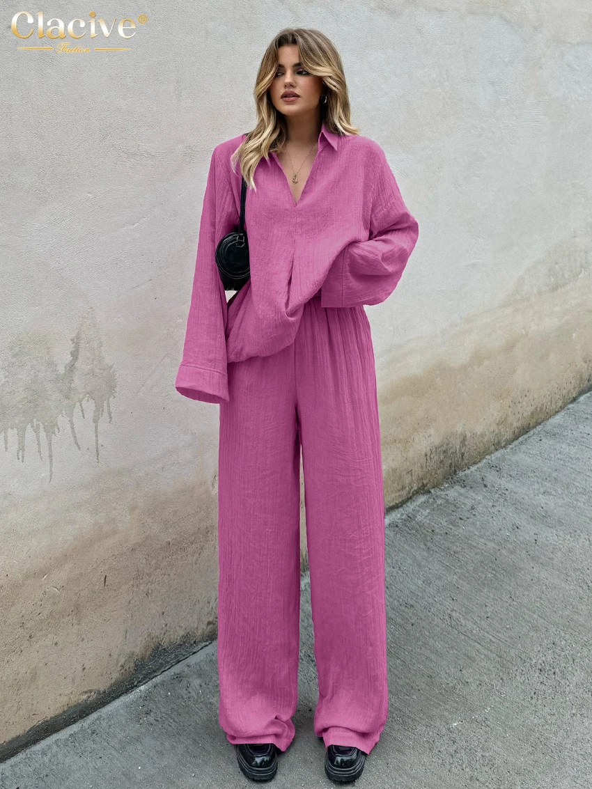 

Clacive модный свободный розовый хлопковый женский комплект из двух предметов 2025 элегантная рубашка с длинными рукавами и широкими брюками с высокой талией женский комплект