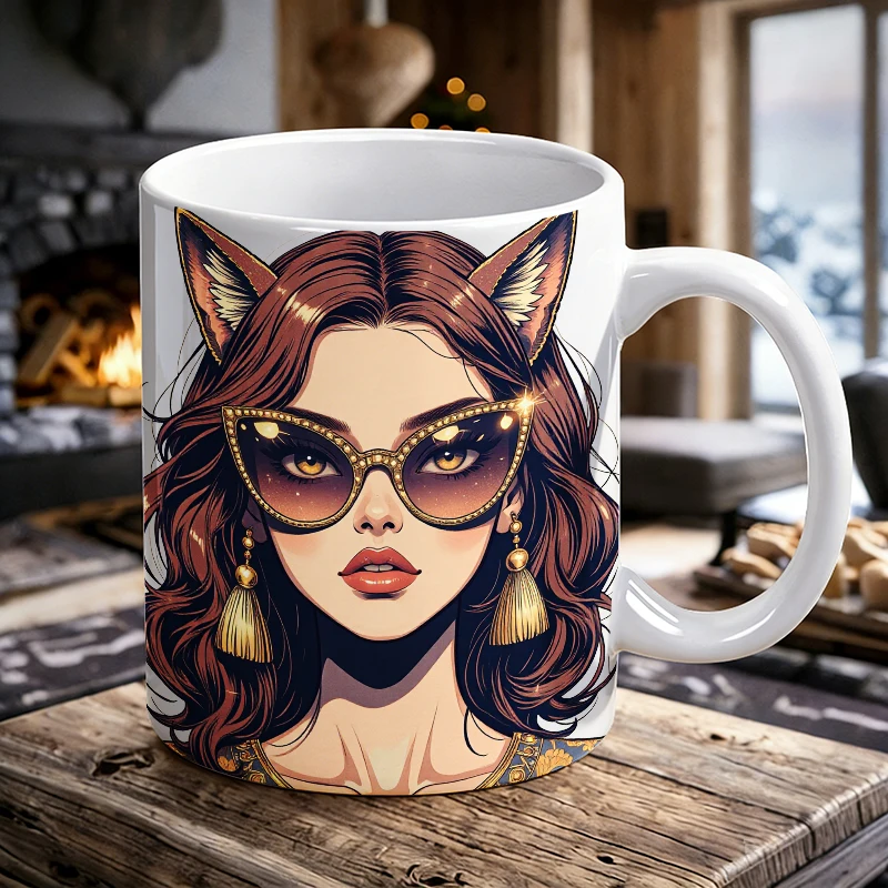 

Fashion anime cat woman ceramic mug, coffee mug, milk cup, office tea cup, drinking cup, gift for friends, fade-resistant