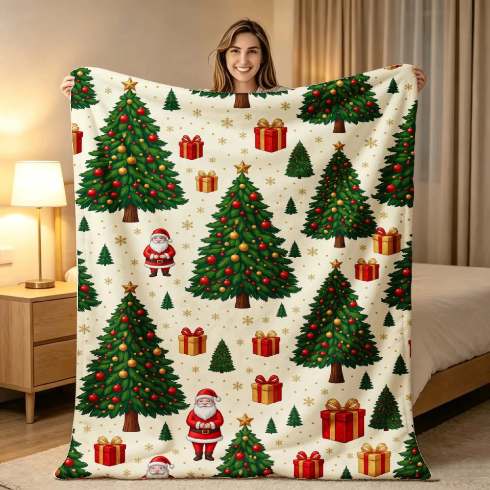 1pc 2D Flat Christmas Blanket, Santa, Christmas Tree & Gift Box Print, Warm Cozy Throw for Bedroom, Living Room & Sofa