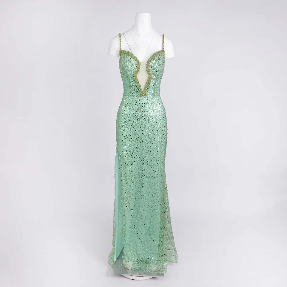 ディープ V ネック ハイ スリット マーメイド ロング ドレス付き高級グリーン スパンコール イブニング ドレス – 女性のプロム フォーマル パーティー マキシ ベスト