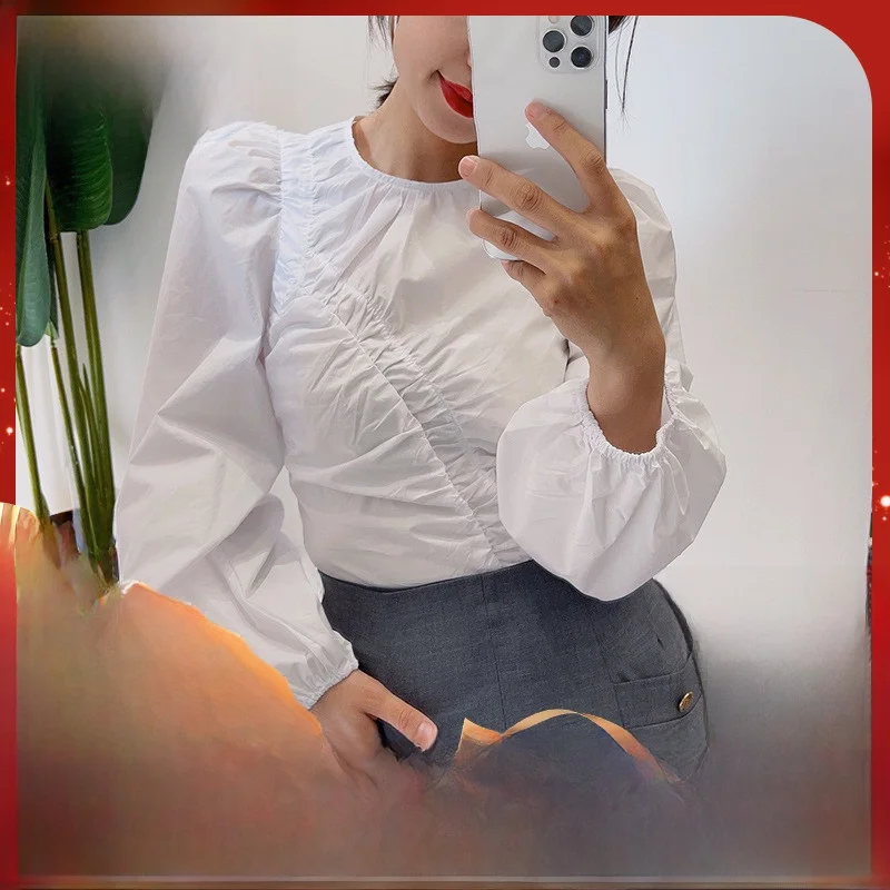 

MaSande Весна-лето 2023 Женская асимметричная плиссированная блузка с круглым вырезом и длинными рукавами, однотонная, модная, для женщин.