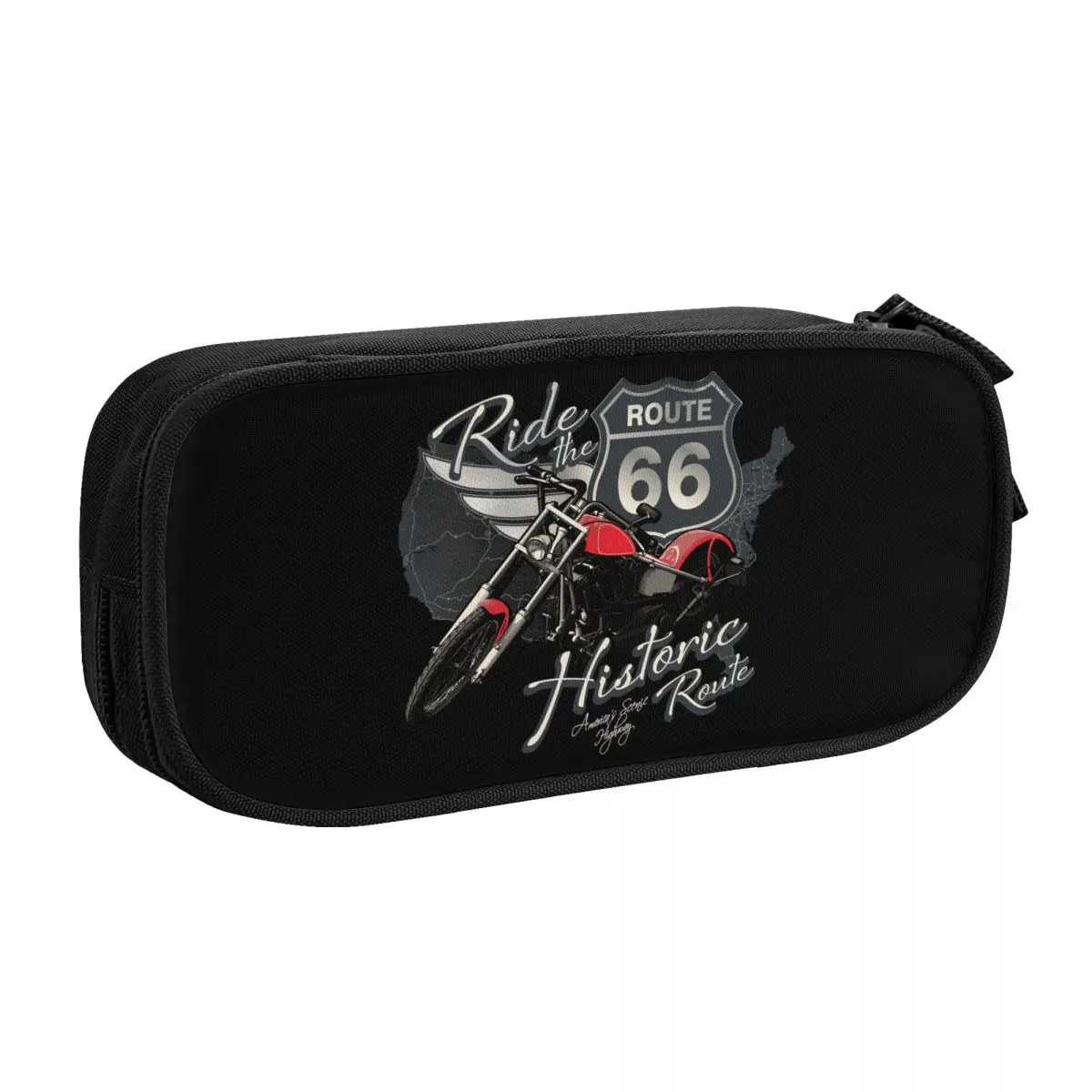 Custom Korean Travel Motorcycle Ride Route 66 Pencil Case for US Numbered Highways Large Storage Pen Box Bag Stationery