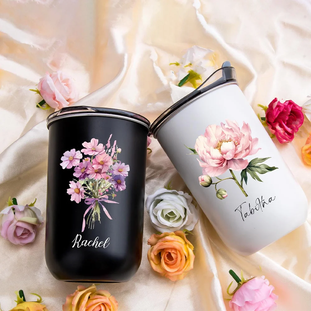 Personalized Customization Name: Carnation Flower Stainless Steel Cup, Straw Insulated Coffee Travel Cup,birthday Gift for Women view 5