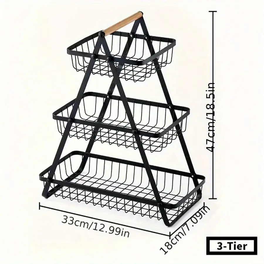 Three-Tier Fruit Basket With Removable Wooden Handle-Sturdy Kitchen Storage Box Suitable For Fresh Fruits And Vegetables, Bread, And Snacks-Suitable For Home And Kitchen Display, Can Be Used As A Kitchen Fruit Basket, Bread Box, Fruit Plate,