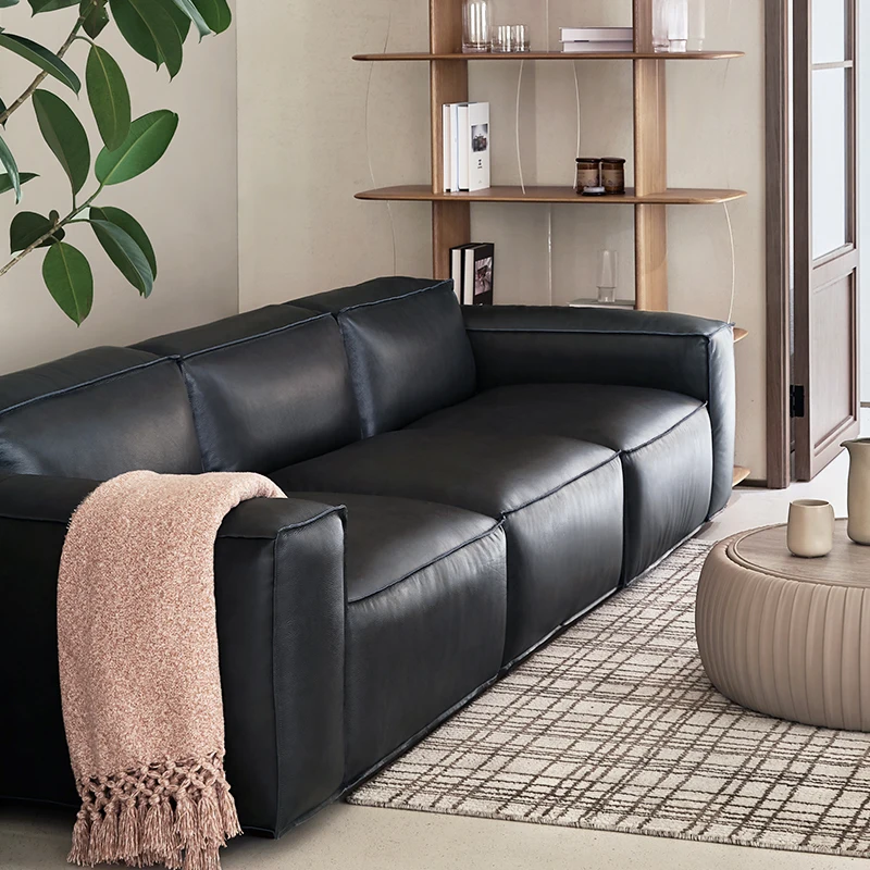 Black stone sofa leather imported top layer cowhide big black cow black straight row tofu blocks