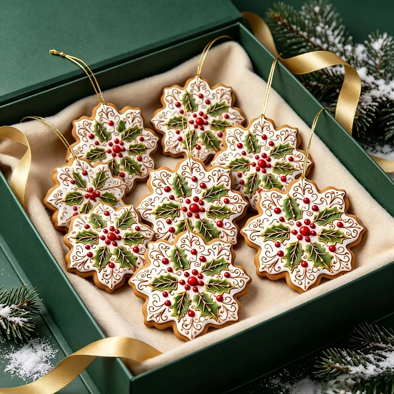 Two-dimensional Vintage Simulated Gingerbread Snowflake Ornament Set of 6, Holly Berry Cookie Shape, Christmas Tree