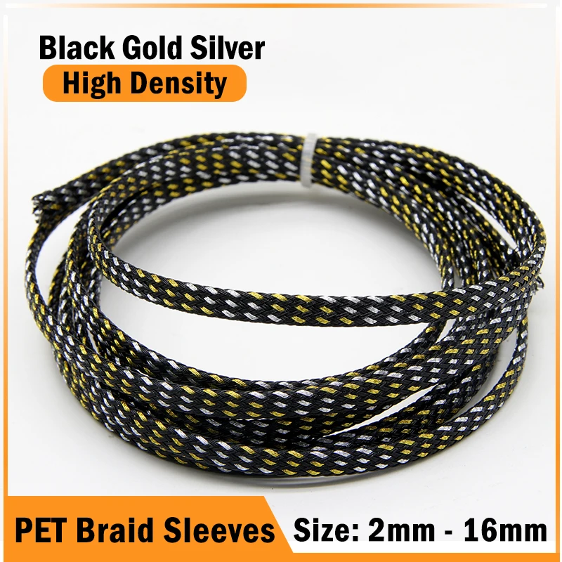 1/3/5/50m Black Gold Silver PET Braid Sleeve 2/4/6/8/10/12/14/16mm High Density Snake Skin Cable Wrap Sheath For Electric Cables