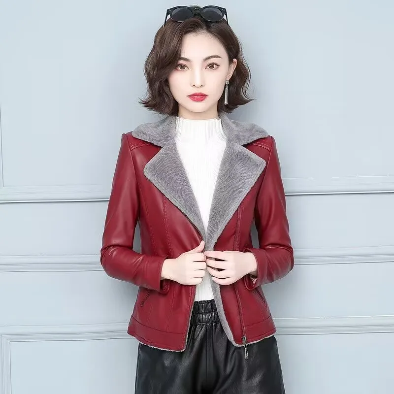 2023 Winter New Women Fleece Short Leather Coat Korean Style Slim Fit Warm Leather Jacket Fashion Solid Color Casual Outwear