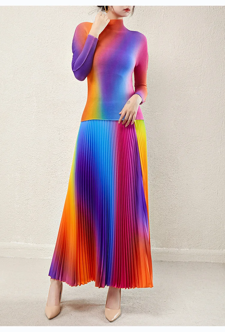 

Miyake Fashion Set, Women's 2026 Spring/Autumn New High-End Pleated Colorful Print T-shirt and Skirt Two-Piece Set