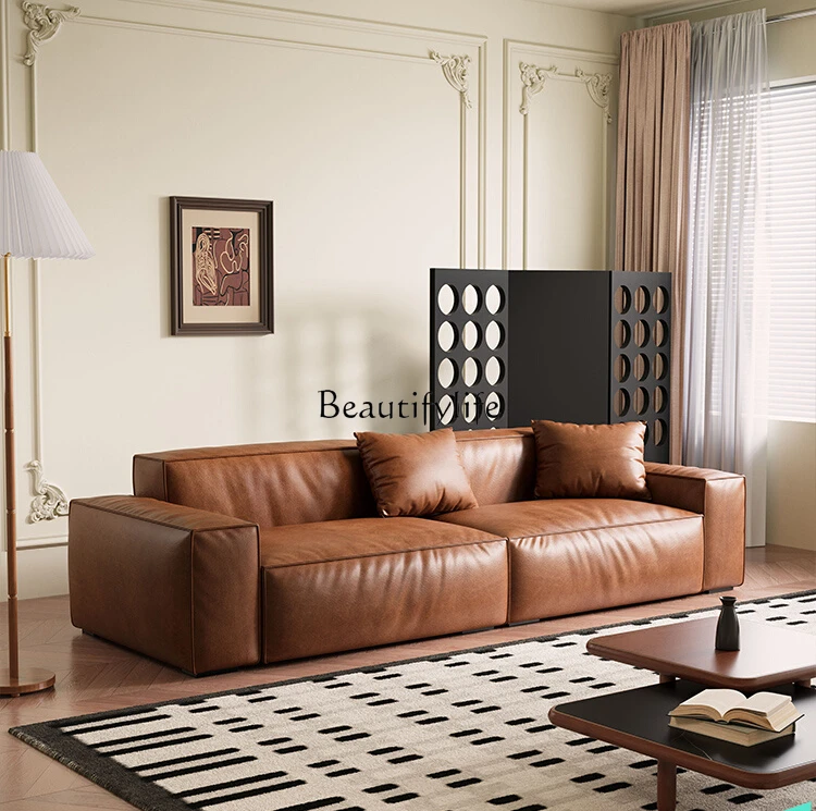 Retro oil wax skin tofu block sofa medium antique caramel color straight row leather art sofa