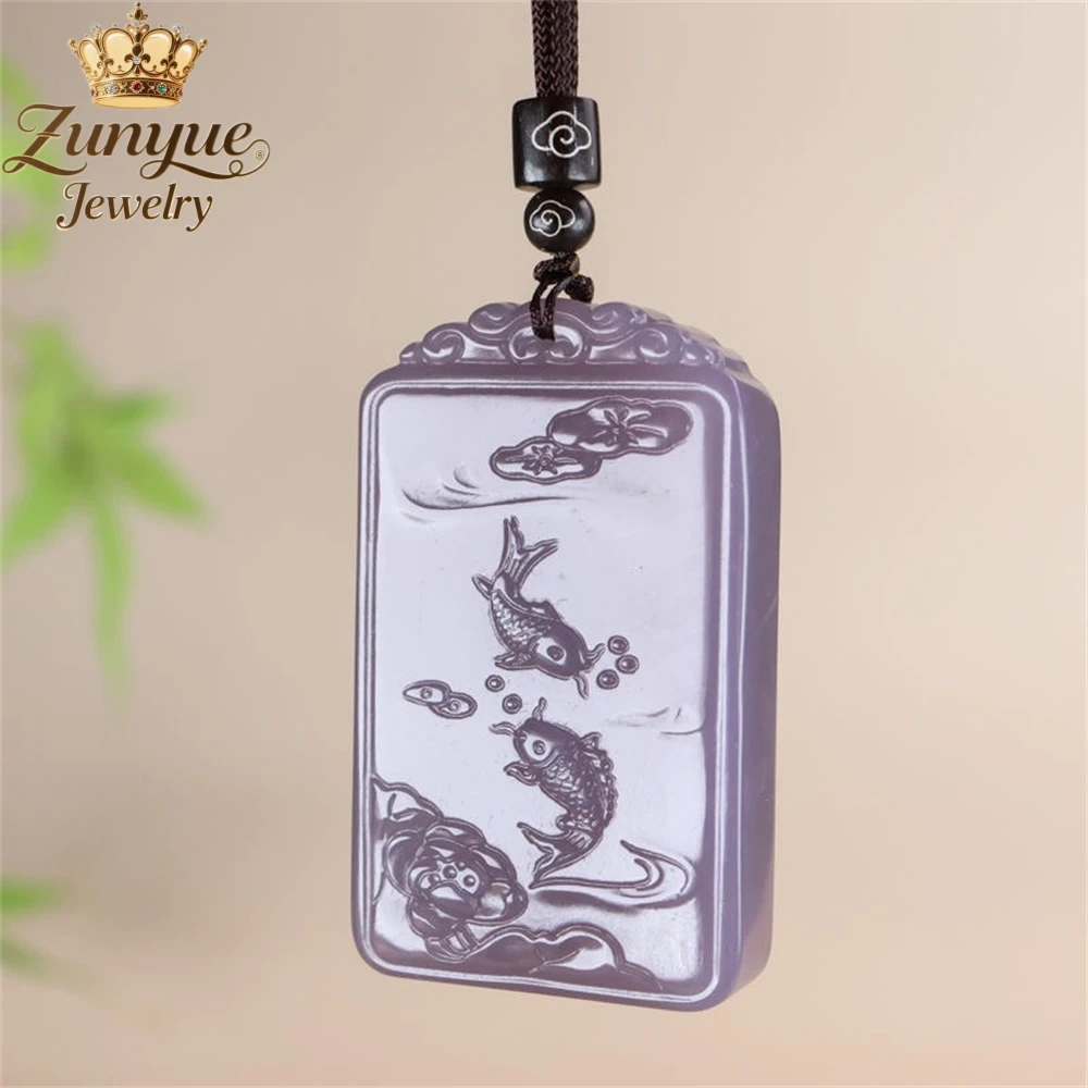 Natural Hetian Jade Smoky Purple Carved Double Fish Untroubled Pendant Luxury Quality Jewelry Fashion Jewelry Exquisite Charms