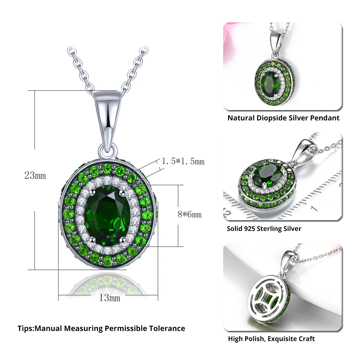 Natural Chrome Diopside Sterling Silver Pendant 3.5 Carats Unique Special Design Women's Classic Fine Jewelry S925 Top Quality