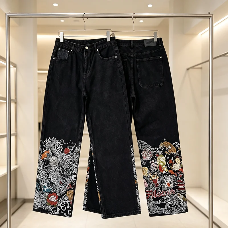 New DERSCHUTZE Men Streetwear Jeans Oriental Dragon Tiger Floral Japanese Script Embroidery Wide Leg Casual Denim Pants