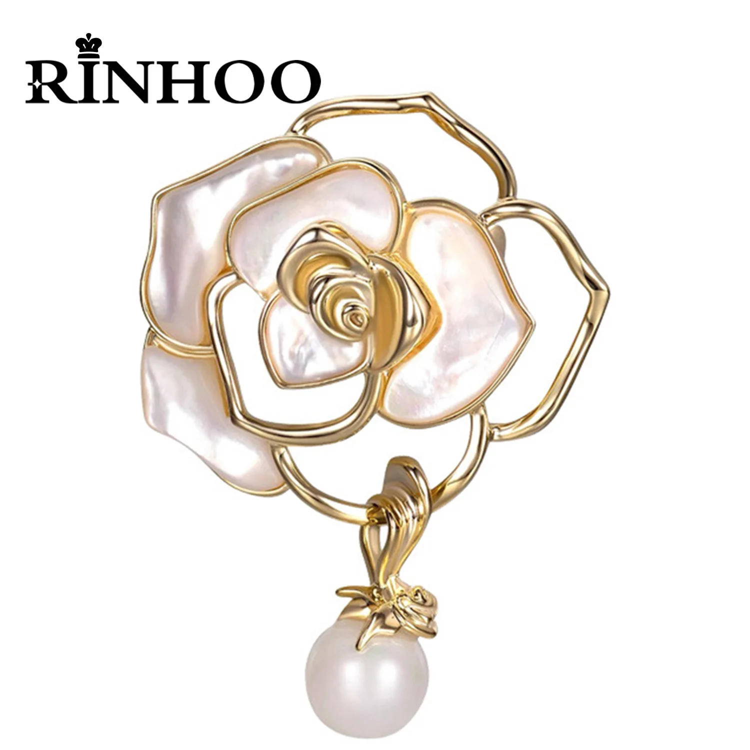 Rinhoo Trendy White Enamel Camellia Flower Brooch For Women Elegant Imitation Pearl Beads Tassel Lapel Pins Plant Badge Jewelry