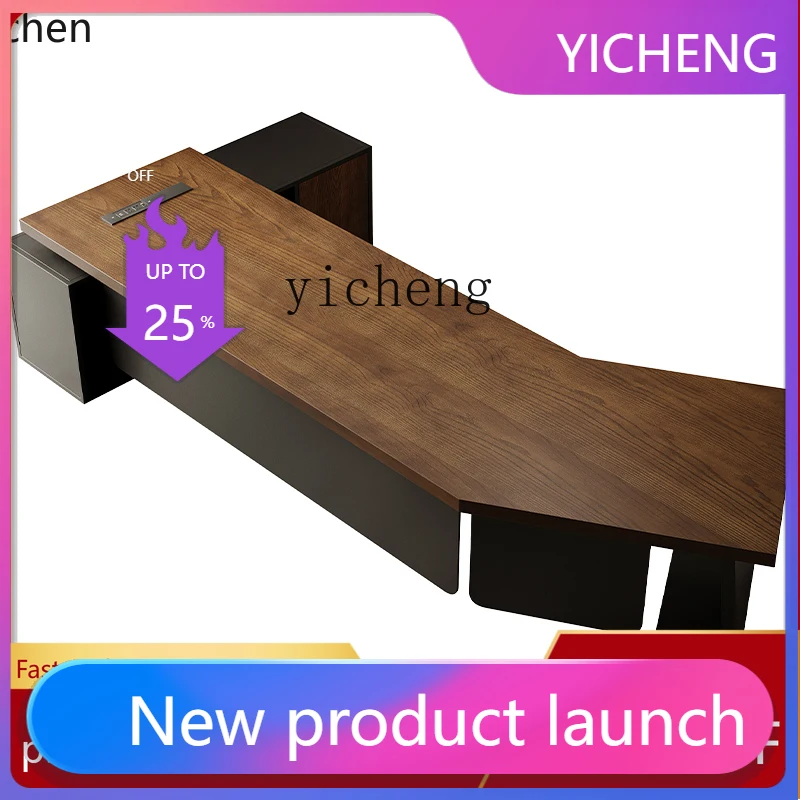 

BB high-end solid wood office computer desk simple modern creative special-shaped boss table with side cabinet