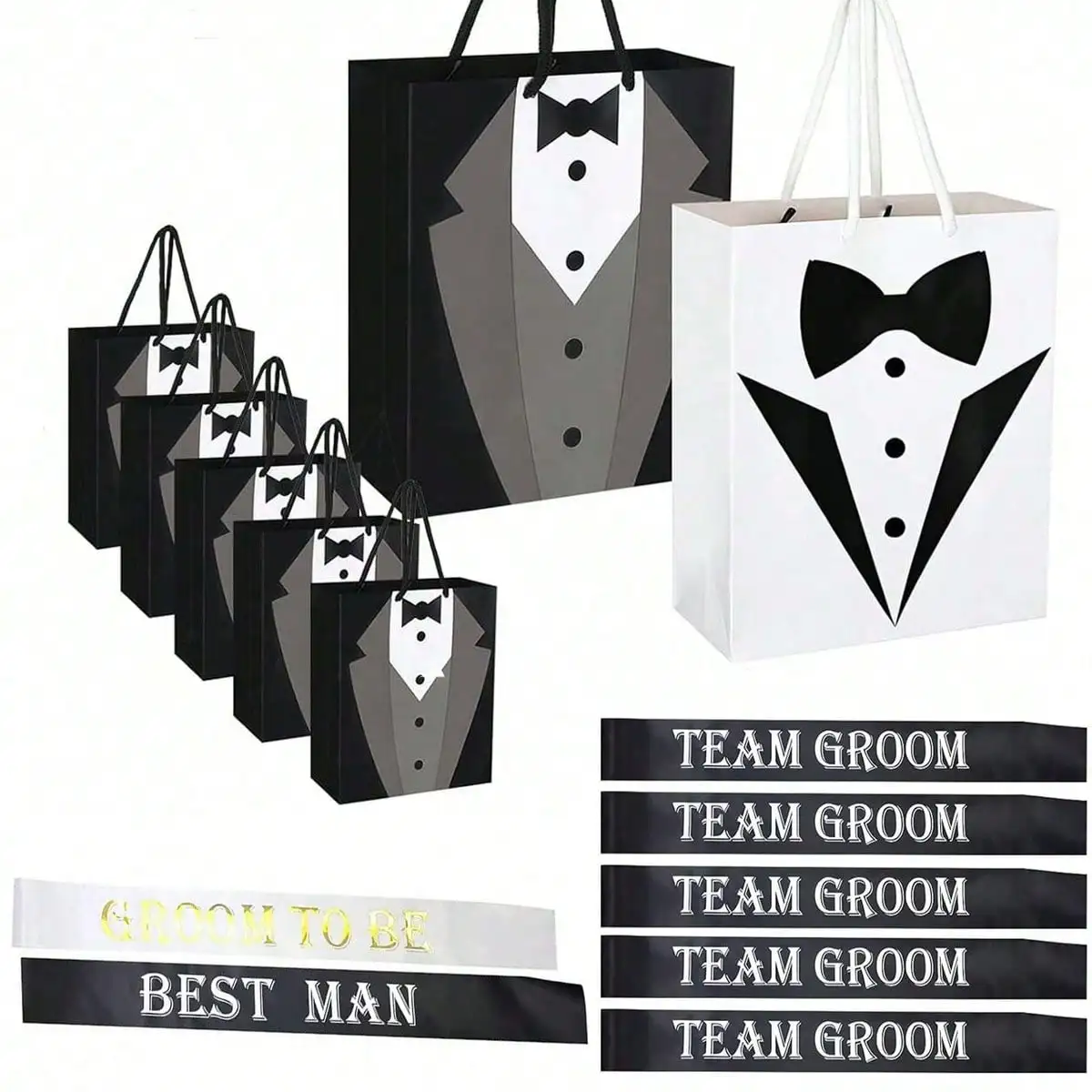 7 sacs cadeaux pour le marié, 7 écharpes de bachelorette noires, ensemble pour la équipe du marié, fournitures pour enterrement de vie de garçon, décorations de fête de mariage, cadeaux et faveurs
