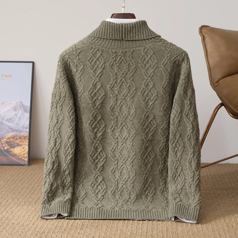 Autumn Winter Thick Warm Knitted Cardigan 100% Merino Wool Sweater with Cable Pattern Green Apple Collar Outerwear for Men