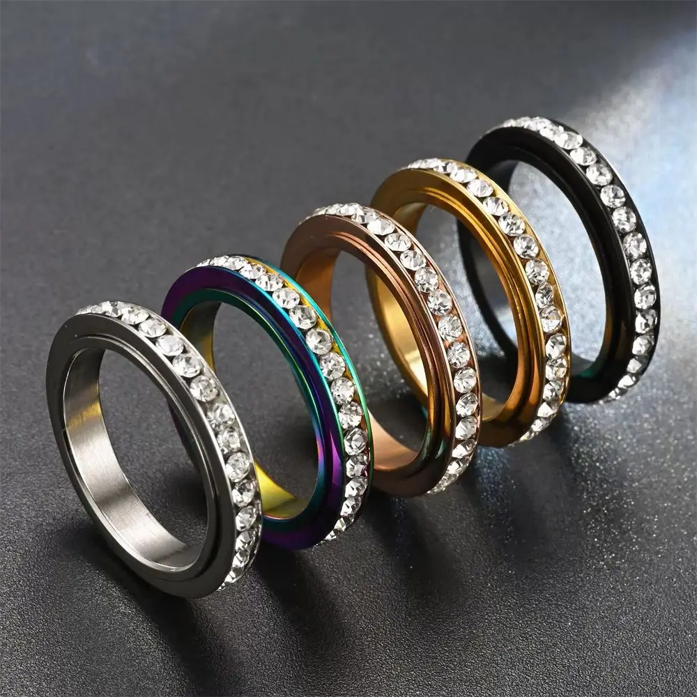 4mm Rotatable Stainless Steel Wedding Ring for Women Girls with CZ Crystal Fashion Charm Anniversary Jewelry