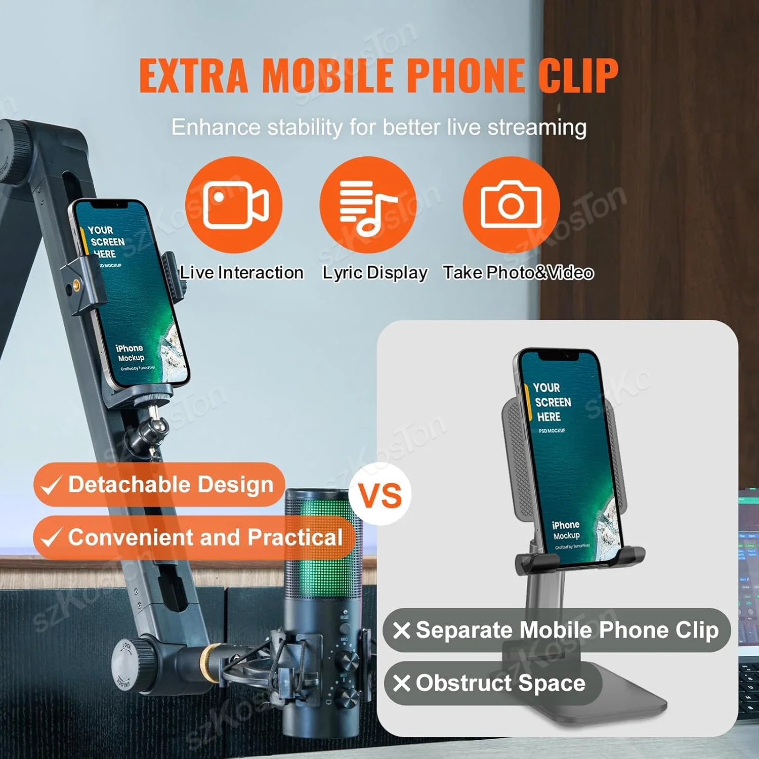 Adjustable Microphone Stand Microphone Boom Arm with Phone Holder Cable Management Recording Studio for Shure SM7B MV7 AM8 K688