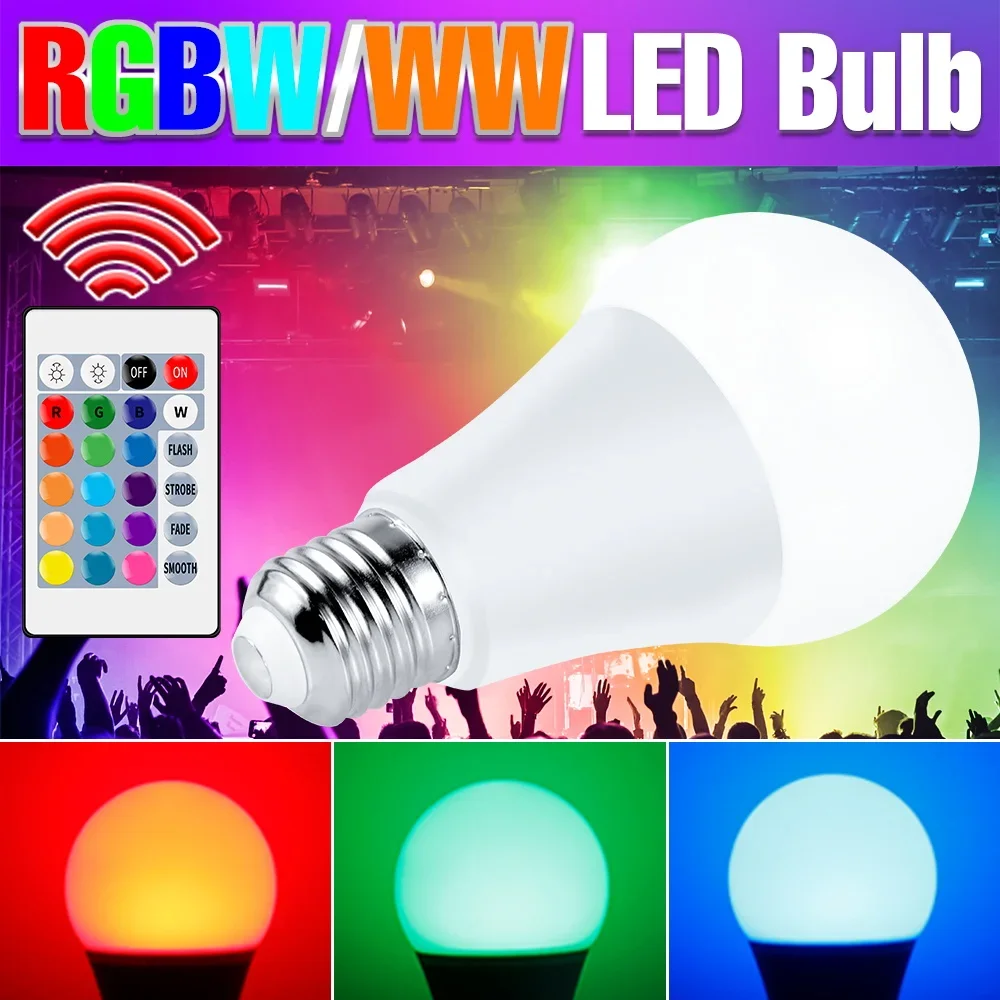 LED Spotlight RGB Bulb E26/E27 24-key Remote Control 4 Dynamic Mode 16-Color Adjustable Mood Light 220V Atmosphere Lamp Bulbs