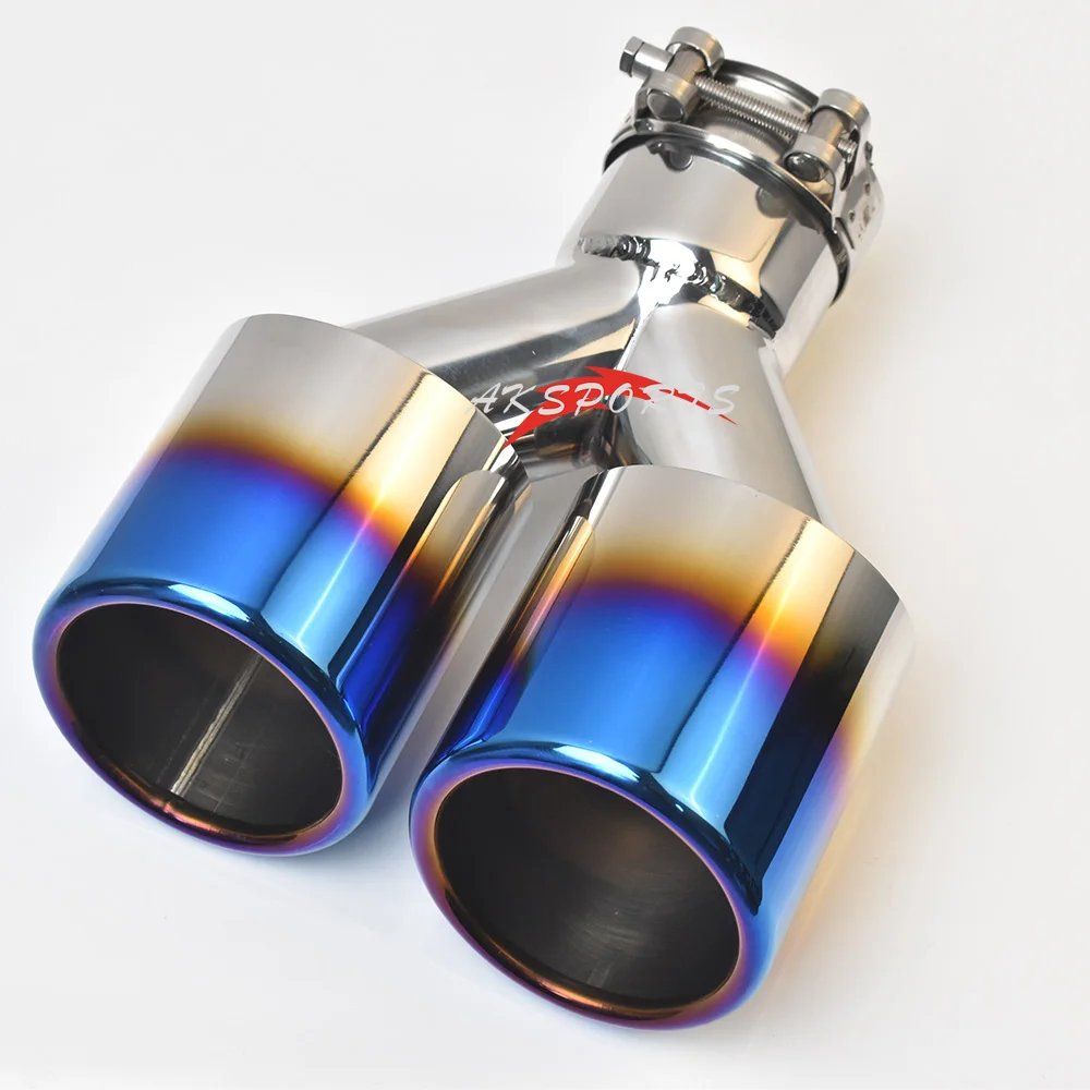Universal Dual Exhaust Pipe Set Flat Edge Double Shiny Stainless Steel Blue Car Muffler Tips for Enhanced Vehicle Sound