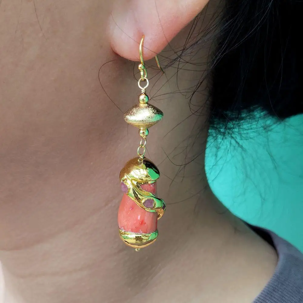 

Orange Coral Tourmaline Rough Dangle Hook Earrings Elegant Holiday Jewelry