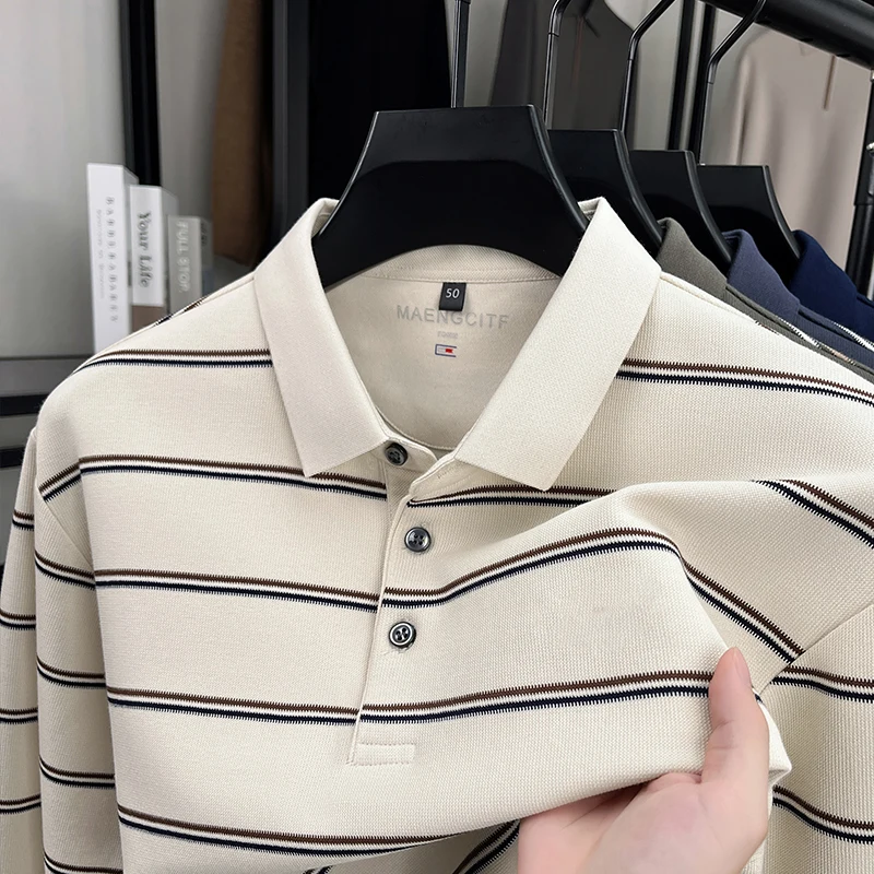 

Осенняя новая стильная полосатая футболка с длинными рукавами и воротником-стойкой, однотонная утолщенная рубашка-поло, высококачественная повседневная мужская одежда