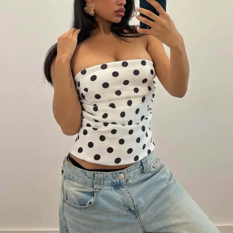 

Sexy Strapless Tanks Top For Women Fashion Polka Dot Printing Ruched Top Hot Girl Slim Club Party Camis Summer New 2025