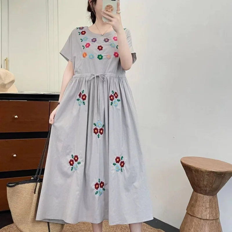 

Women's Summer Boho Floral Embroidery Maxi Dress Cotton Linen Short Sleeve Loose Waist Drawstring Casual Sundress Long Dress