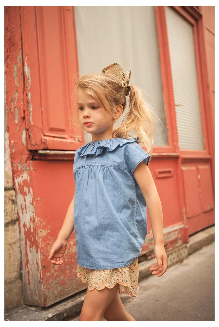 2024 LL Girls Children's Floral Tops Kids Sleeveless Sling Skirt Sets Lapel Sleeveless Tshirt Girls Jeans Shorts Suit