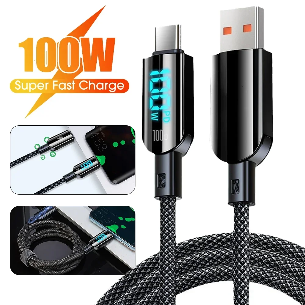 100W USB Type C Fast Charging Data Cable Cord Mobile Phone Data Wire LED Digital Display Cable For iPhone Huawei Xiaomi Samsung