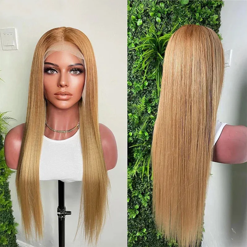 

13x4 Transparent Lace Front Fiber Hair Wigs Honey Blonde 27# Colored Straight Synthetic Hair Lace Frontal Wig For Black Women