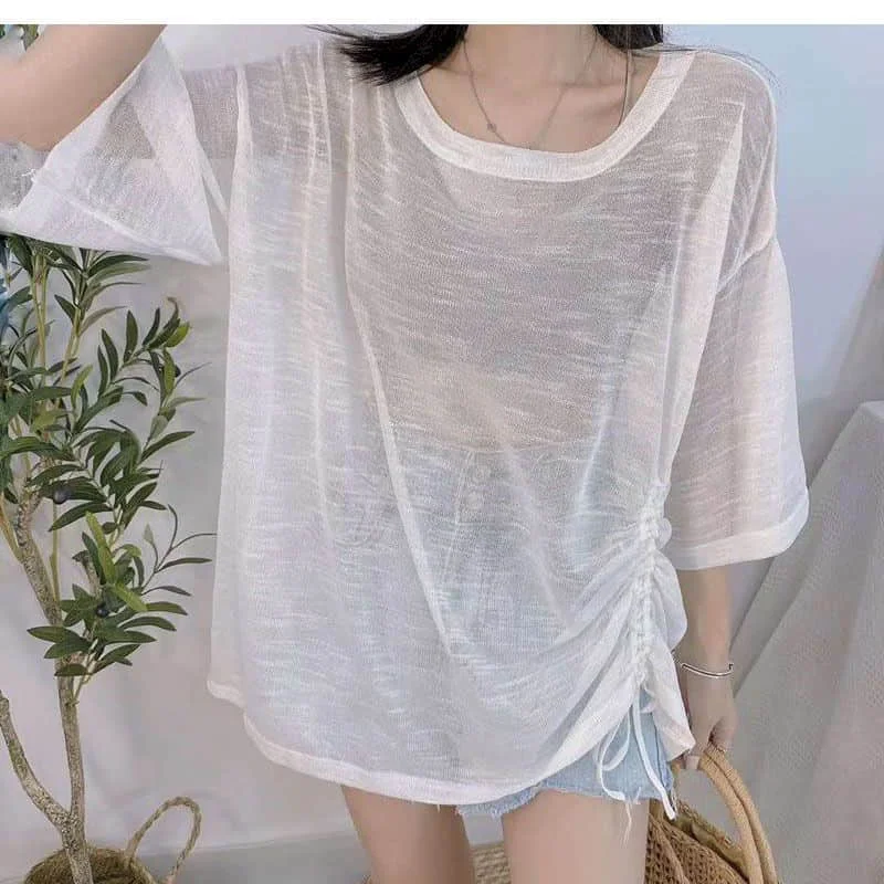 

T-shirts for Women Knitted Ice Silk Gothic O-neck Sunscreen Tops Oversized Casual Korean Style Smock Half Sleeve Summer Clothes