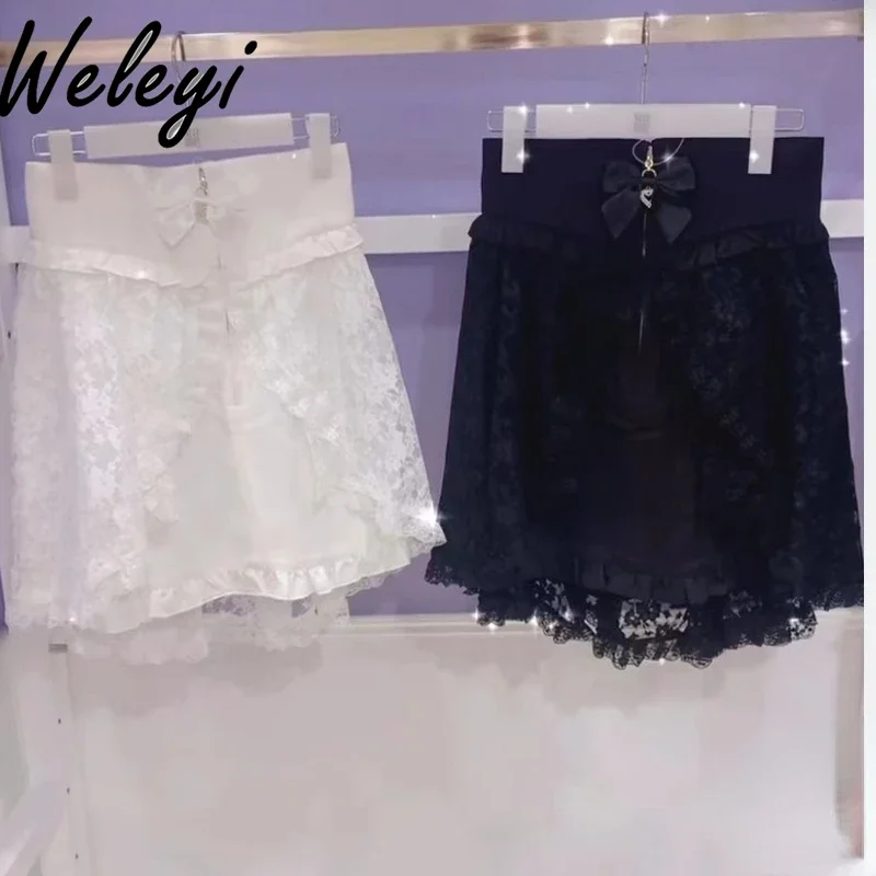 Japanese Style Lace Bow White Skirt Summer Ropa De Mujer Mine Series Mass Produced Sweet All Matching Zipper Faldas Para Mujeres