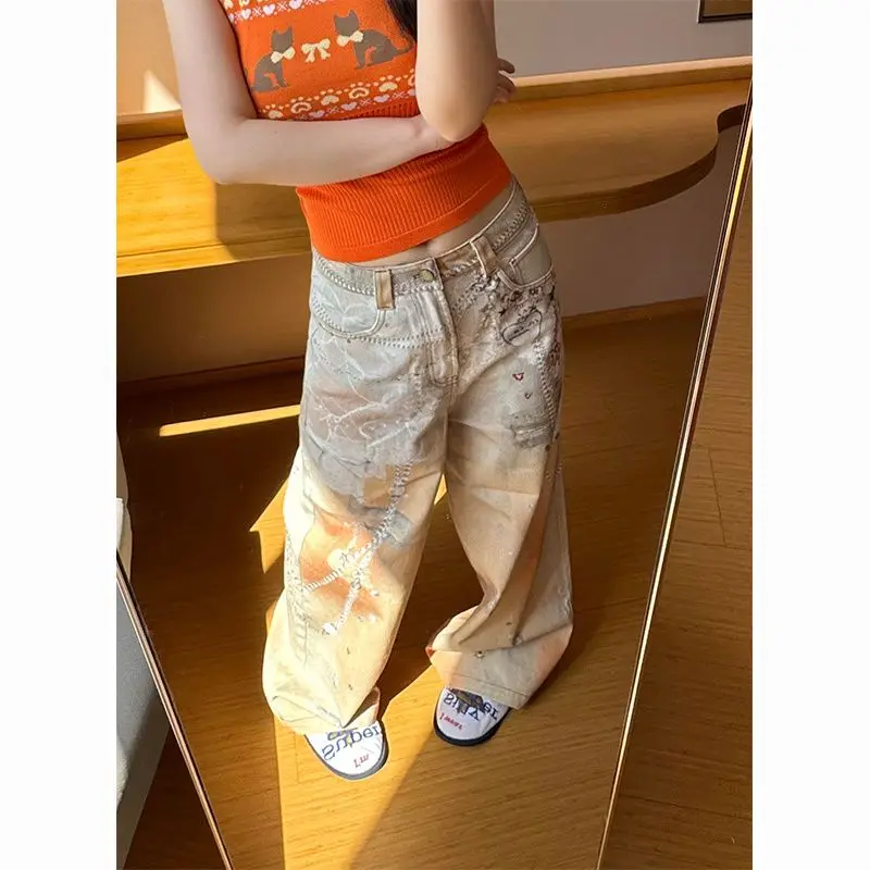Women American Vintage Chain Print Jeans Summer Dopamine Orange Soda Wide Leg Floor‑Length Trousers Designer Casual Denim Pants