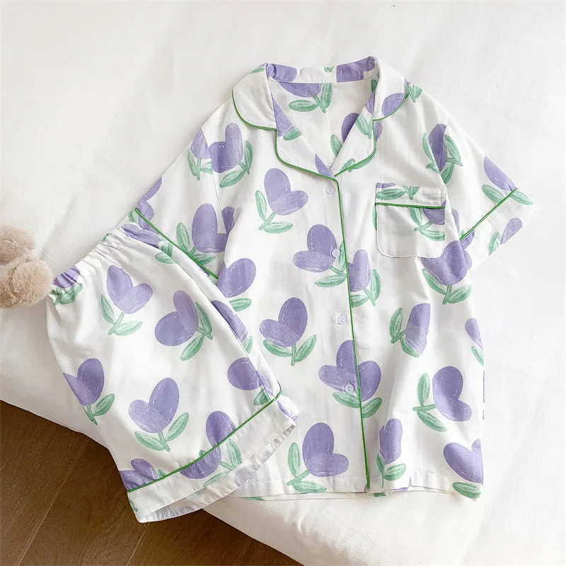 Women's Pajamas Sets Spring Summer 2 Piece Tulip Floral Pyjama Faux Silk Satin Sleepwear Short Sleeve Pijama Mujer Pjs Homewear