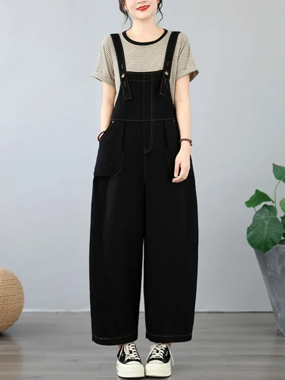plus Size Denim Overalls Women's Casual Loose Wide Leg Pockets Belly Covering Anti-Aging Jeans Cotton Polyester Blend